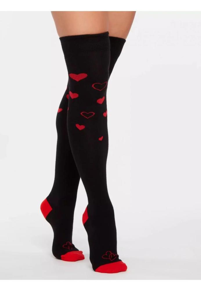 Șosete Damă peste Genuchi, Imprimeu Inimioare ,Culoare Negru,Engros